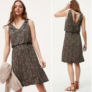LOFT Olive Green Floral V-Neck Sleeveless Dress